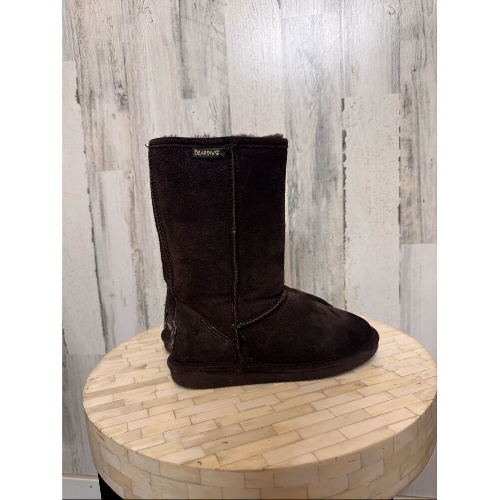 Bearpaw Brown Suede Mid Calf Shearling Winter Boots Womens Size 7 Cozy Fur Lined
